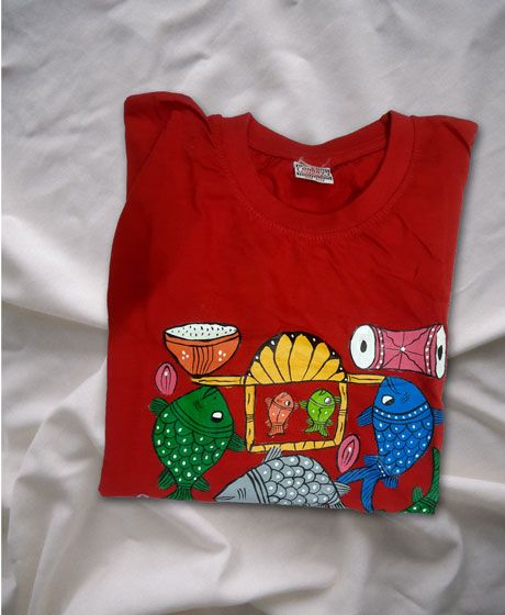 FISH STORY PATACHITRA HAND PAINTED COTTON T-SHIRT - RED